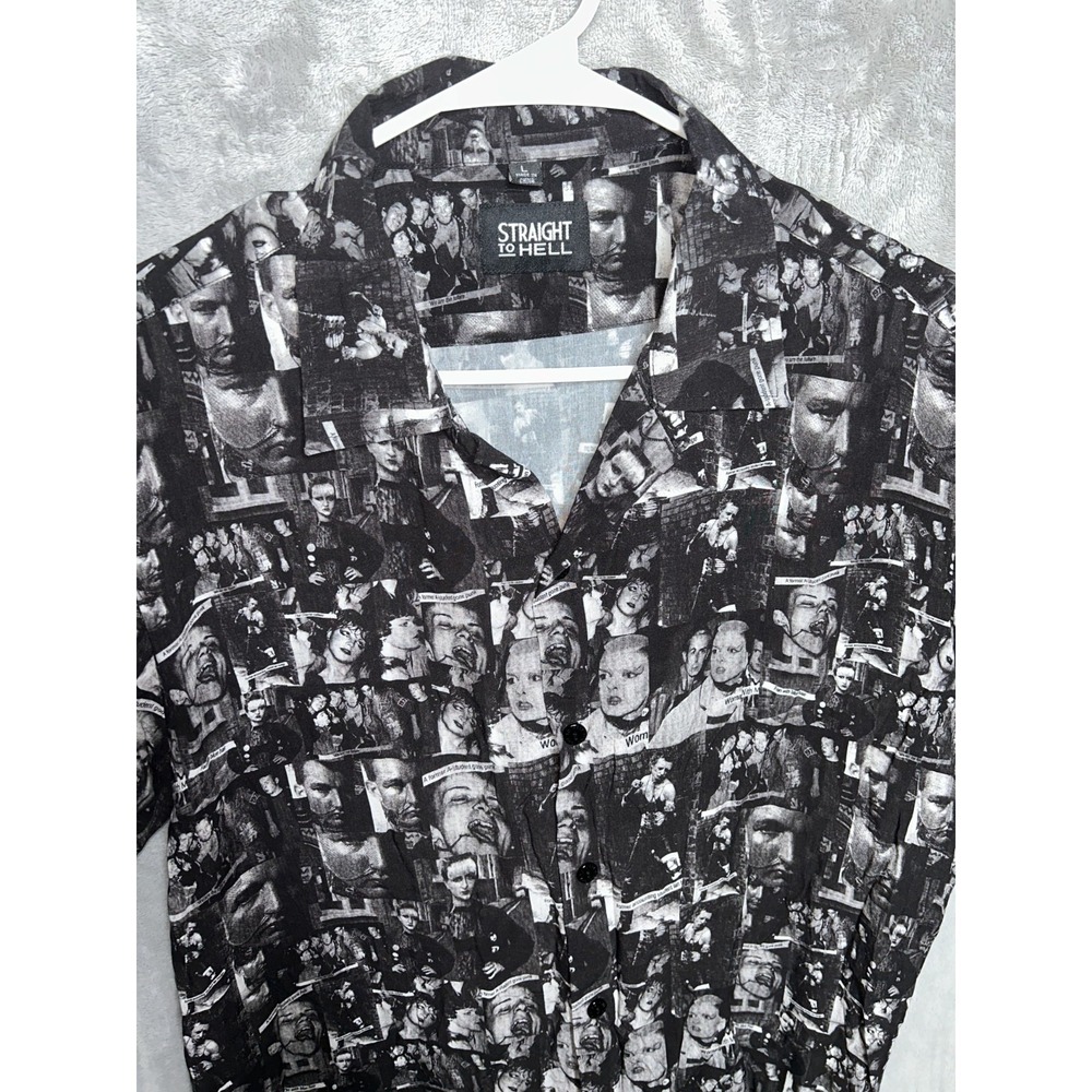 Straight To Hell Punk Collage Camp Shirt Mens Large Rayon Button Up Gothic - Picture 3 of 7